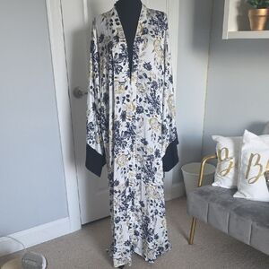 Floral Black White Mustard And Gray Open Kimono / Abaya